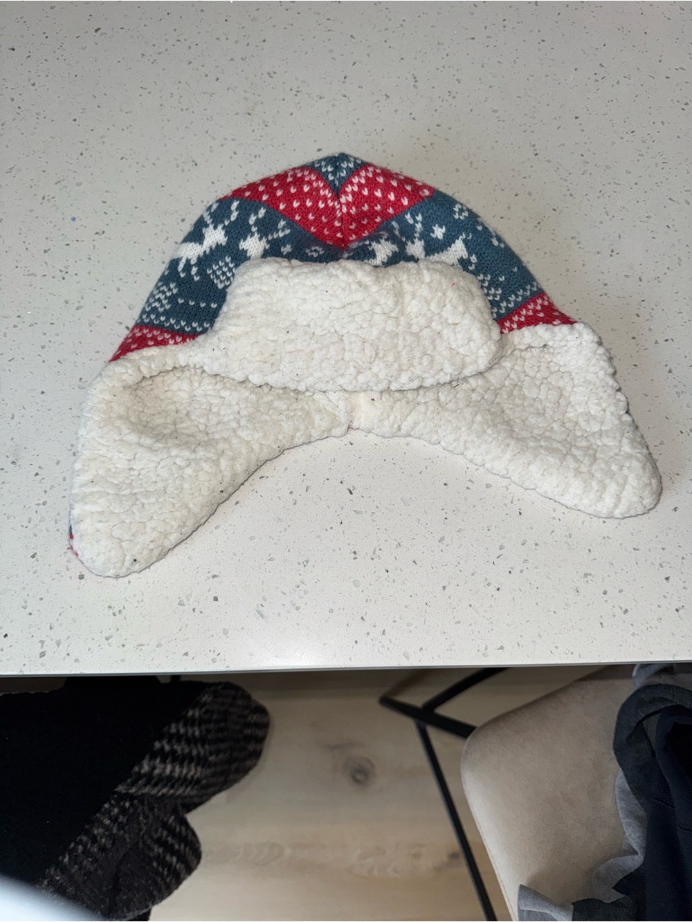 Kids Red & Blue Reindeer Knit Trapper Hat with Sherpa Lining